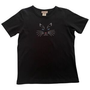 VINTAGE Y2K Isaac’s Designs Rhinestone Studded Kitty Cat Tee Black